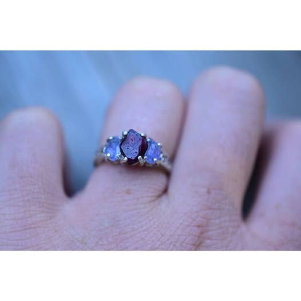 Tanzanite and garnet ring, unique raw stone rings, alternative engagement rings